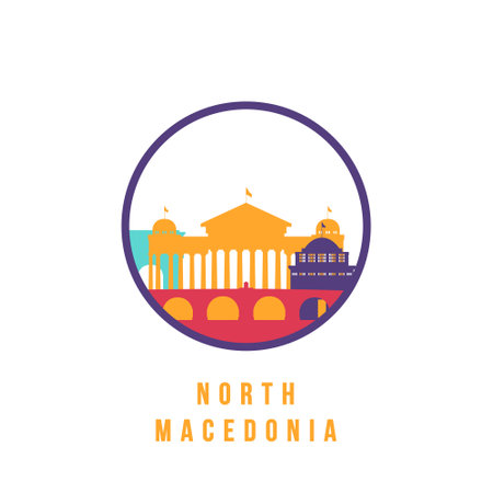 Famous North Macedonia landmarks silhouette. Colorful North Macedonia skyline round icon. Vector template for postmark, stamp, badge or logo.のイラスト素材