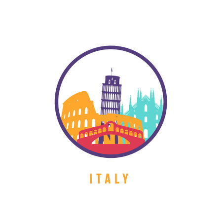 Famous Italy landmarks silhouette. Colorful Italy skyline round icon. Vector template for postmark, stamp, badge or logo.のイラスト素材