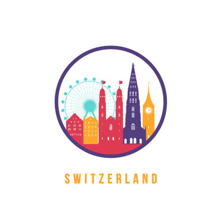 Famous Switzerland landmarks silhouette. Colorful Switzerland skyline round icon. Vector template for postmark, stamp, badge or logo.のイラスト素材