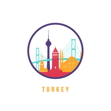 Famous Turkey landmarks silhouette. Colorful Turkey skyline round icon. Vector template for postmark, stamp, badge or logo.のイラスト素材