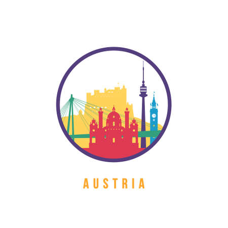 Famous Austria landmarks silhouette. Colorful Austria skyline round icon. Vector template for postmark, stamp, badge or logo.のイラスト素材