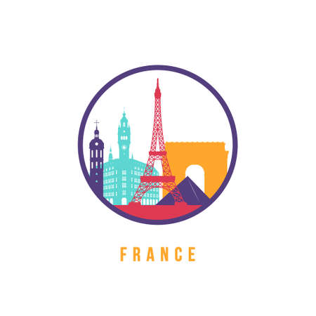 Famous France landmarks silhouette. Colorful France skyline round icon. Vector template for postmark, stamp, badge or logo.のイラスト素材