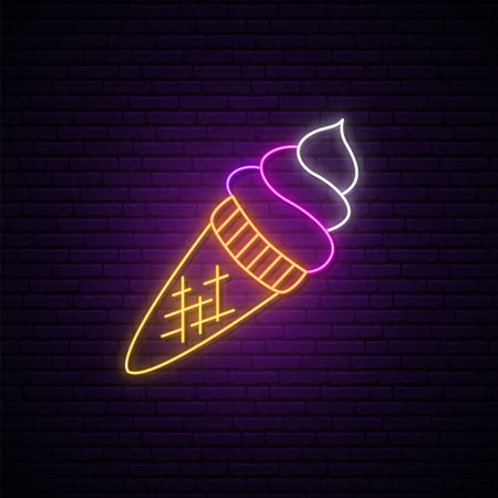 Neon ice creme sign. Glowing ice creme in waffle cone. Vector illustration in neon style.のイラスト素材