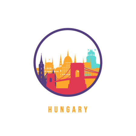 Famous Hungary landmarks silhouette. Colorful Hungary skyline round icon. Vector template for postmark, stamp, badge or logo.のイラスト素材