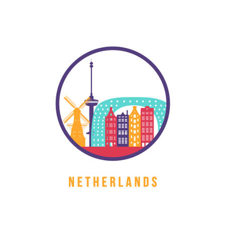 Famous Netherlands landmarks silhouette. Colorful Netherlands skyline round icon. Vector template for postmark, stamp, badge or logo.のイラスト素材