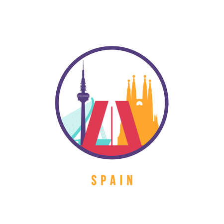 Famous Spain landmarks silhouette. Colorful Spain skyline round icon. Vector template for postmark, stamp, badge or logo.のイラスト素材