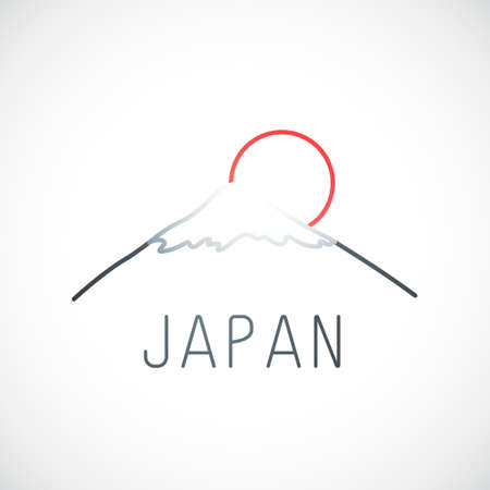 Mount Fuji Kyoto and red sun. Japan simple emblem in line style. Vector illustration.のイラスト素材