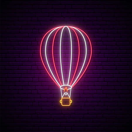 Neon signboard for air balloons show. Hot air balloon neon sign on dark brick wall background. Glowing balloon vector icon.のイラスト素材