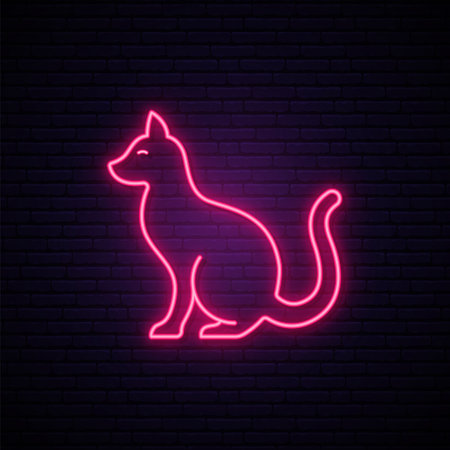 Pink cat neon sign. Night bright neon emblem. Glowing pink cat icon. Vector illustration in neon style.のイラスト素材
