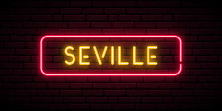 Seville neon sign. Bright light signboard. Vector banner.のイラスト素材
