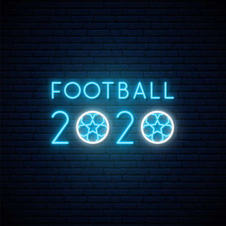 Football cup 2020. Europe Championship banner. Soccer ball neon signboard on brick wall background.のイラスト素材