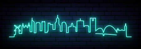 Blue neon skyline of Perth, Australia. Bright Perth City long banner. Vector illustration.のイラスト素材