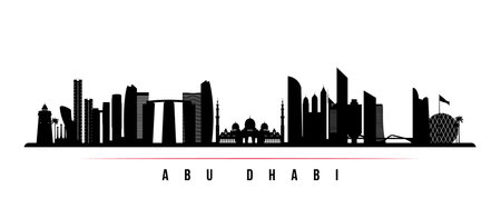 Abu Dhabi skyline horizontal banner. Black and white silhouette of Abu Dhabi, United Arab Emirates. Vector template for your design.のイラスト素材