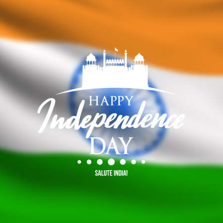 Festive banner in honor of Indian Independence Day on background of flag. Red Fort in India vector...