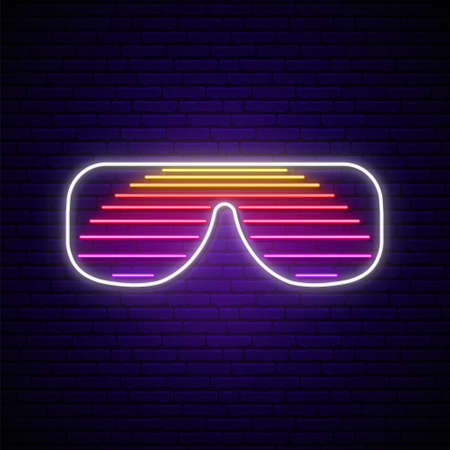 Neon shutter glasses sign in retro 80s style. Glowing sunglasses with sun reflection on dark brick wall background. Vector illustration.のイラスト素材