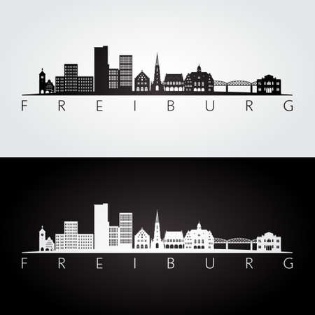 Freiburg skyline and landmarks silhouette, black and white design, vector illustration.のイラスト素材