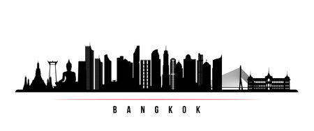 Bangkok skyline horizontal banner. Black and white silhouette of Bangkok, Thailand. Vector template for your design.のイラスト素材