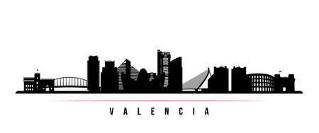 Valencia skyline horizontal banner. Black and white silhouette of Valencia, Spain. Vector template for your design.のイラスト素材