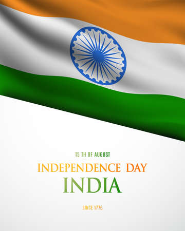 Indian Independence Day with waving flag. Holiday poster with Indian flag. Design for banner, brochure, flyer etc.のイラスト素材