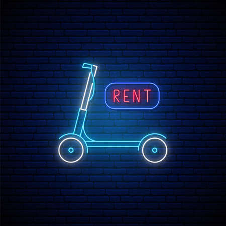 Neon scooter sign. Glowing kick scooter icon for emblem, rent advertising. Stock vector illustration for web and apps in neon style.のイラスト素材