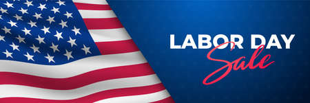 Labor Day Sale horizontal banner. Waving realistic american flag and text. Concept template for web sites, header. Stock vector illustration.のイラスト素材