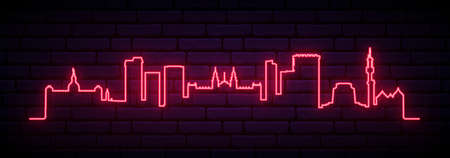 Red neon skyline of Pretoria. Bright Pretoria City long banner. Vector illustration.のイラスト素材
