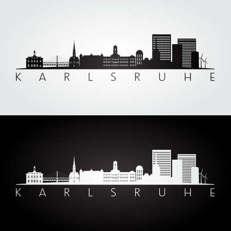 Karlsruhe skyline and landmarks silhouette, black and white design, vector illustration.のイラスト素材