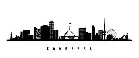 Canberra skyline horizontal banner. Black and white silhouette of Canberra, Australia. Vector template for your design.のイラスト素材