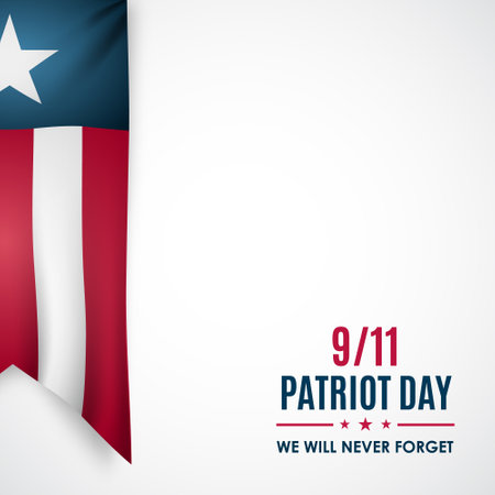 Patriot Day banner. Realistic ribbon in national colors of USA. 9/11 We will never forget. Design for postcard, flyer, poster, banner. Stock vector illustration.のイラスト素材