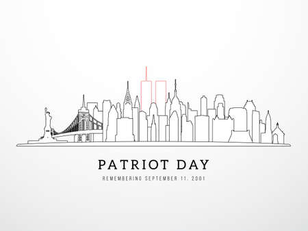 Patriot Day 9-11 banner. New York skyline view September 11, 2001. NYC in linear style. Poster, card, banner and background. Stock Vector illustration.のイラスト素材