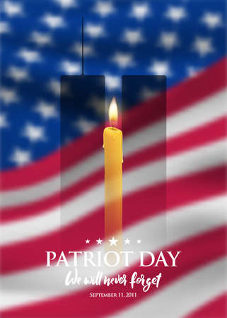 Patriot Day We will never forget. Design template with american flag, candle, twin towers and inscription. National Day of Remembrance for Victims of Terrorist Attacks 11th September 2001.のイラスト素材