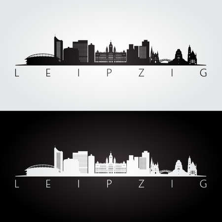 Leipzig skyline and landmarks silhouette, black and white design, vector illustration.のイラスト素材