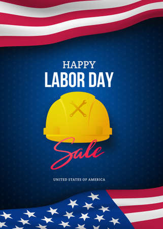 Happy Labor Day Sale advertising banner template. Template design of Labor Day Discount Flyer with American flag and worker helmet background.のイラスト素材