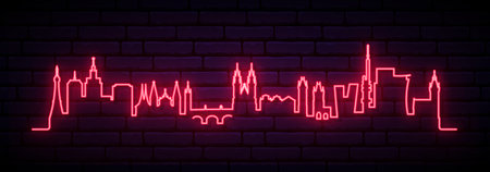 Red neon skyline of Prague. Bright Prague City long banner. Vector illustration.のイラスト素材