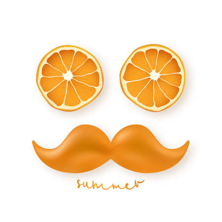 Funny face in the form of man, consisting of orange slices and orange mustache. Summer vector illustration.のイラスト素材
