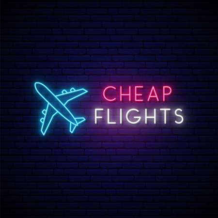 Neon airplane sign. Glowing neon banner with air tickets advertise. Cheap flights concept. Vector illustration in neon style.のイラスト素材