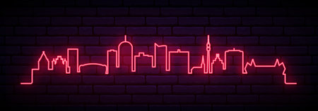 Red neon skyline of Dortmund. Bright Dortmund City long banner. Vector illustration.のイラスト素材