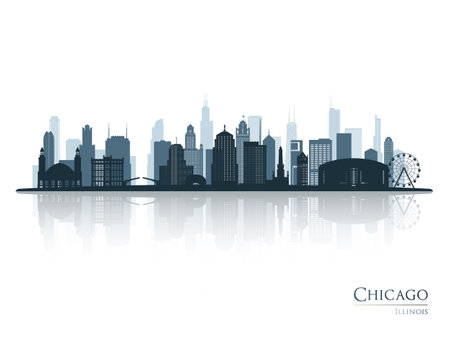 Chicago skyline silhouette with reflection. Landscape Chicago, Illinois. Vector illustration.のイラスト素材