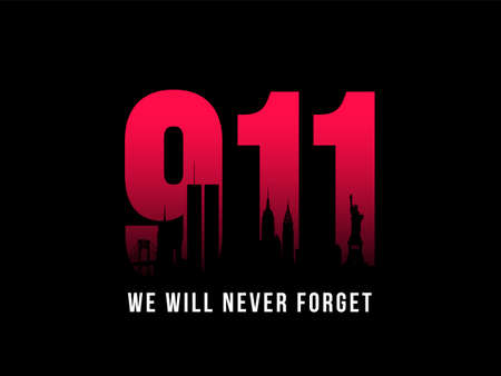 9-11 Patriot Day banner. Black silhouette of New York City Skyline on background of numbers 911. We will never forget. Stock vector illustration.のイラスト素材