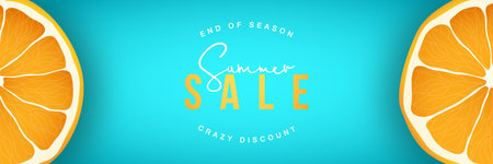 Summer Sale horizontal banner with Orange fruit cutaway. Crazy Discount vector banner. Design template for web, social media, card etc.のイラスト素材