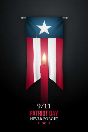 Patriot Day vertical banner, September 11, 2001. Day of Remembrance and Mourning in the United States. Vertical hanging flag in USA colors and burning candle.のイラスト素材