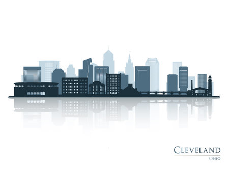 Cleveland skyline silhouette with reflection. Landscape Cleveland, Ohio. Vector illustration.のイラスト素材