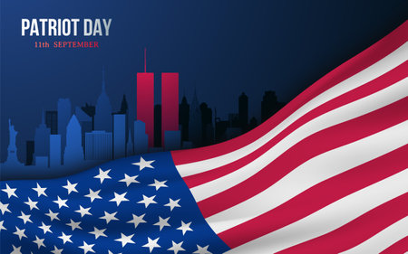 Vector banner design template with american flag and New York skyline for Patriot Day. Remembrance of the World Trade Center terrorist attack.のイラスト素材