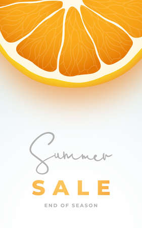 Summer Sale vertical banner. Flyer Design template with fresh orange fruit isolated on white background. Vector illustration.のイラスト素材