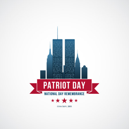 Patriot Day concept design with Twin Towers, red ribbon and text We Will Never forget. USA Patriot Day banner. September 11, 2001. Vector illustration.のイラスト素材