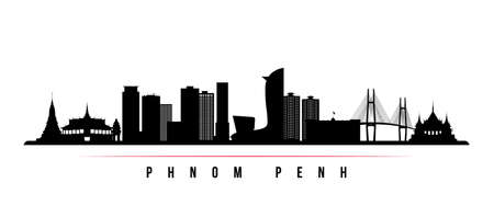 Phnom Penh skyline horizontal banner. Black and white silhouette of Phnom Penh, Cambodia. Vector template for your design.のイラスト素材