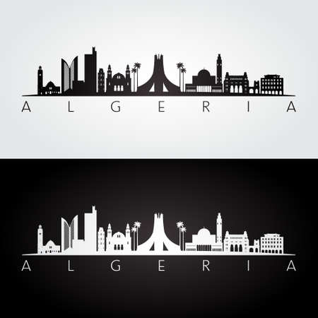 Algeria skyline and landmarks silhouette, black and white design, vector illustration.のイラスト素材