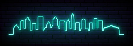Blue neon skyline of Charlotte. Bright Charlotte City long banner. Vector illustration.のイラスト素材