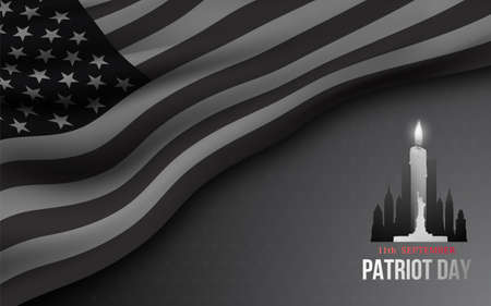 Concept black and white banner for American Patriot day. We will never forget 9/11 memorial day. Vector design with flag of USA and candle.のイラスト素材