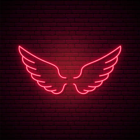 Red neon wings icon. Two glowing wings on dark brick wall background. Vector illustration in neon style.のイラスト素材